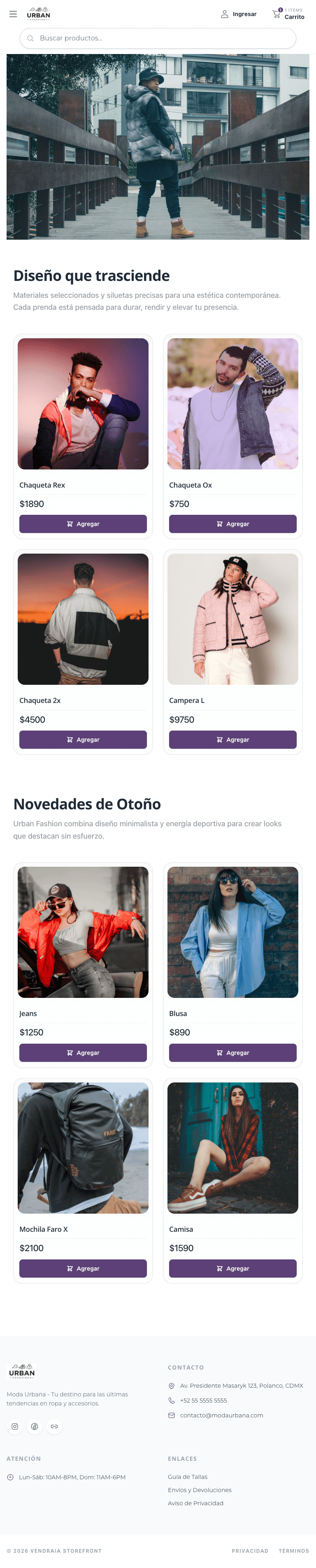Homepage de la tienda Vendraia en tablet